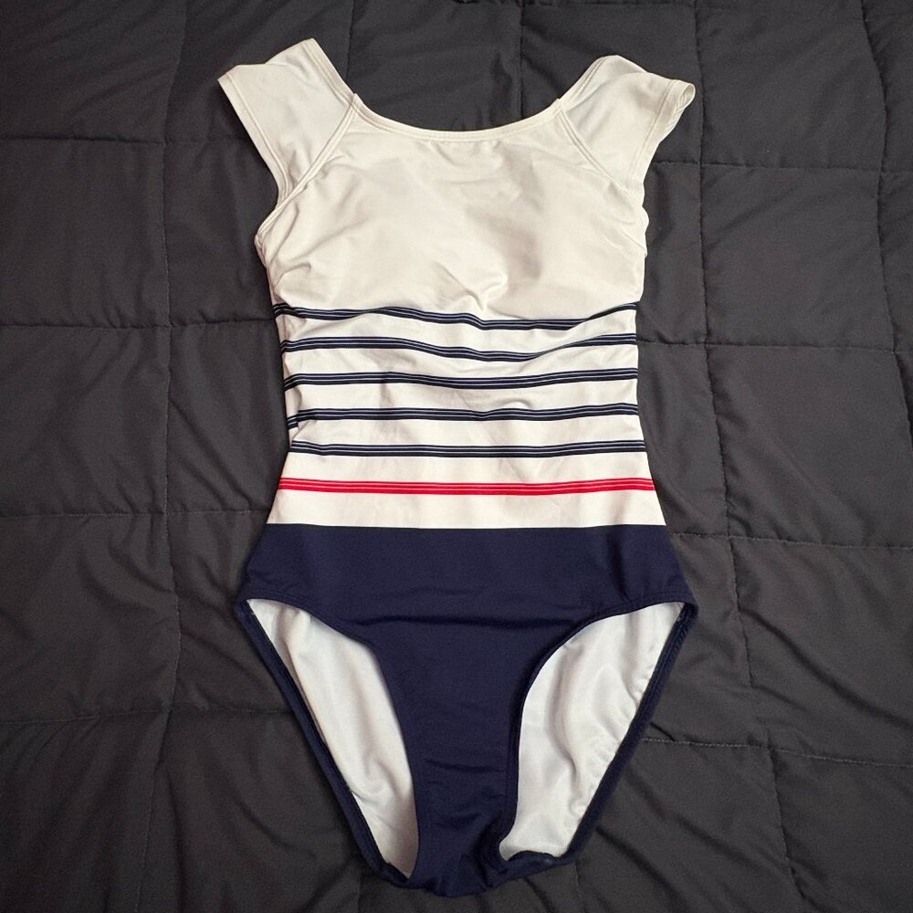 Red, White & Blue Tummy Control Cap Sleeve X-Back 1-Piece Swimsuit - Size: 2 NWT
